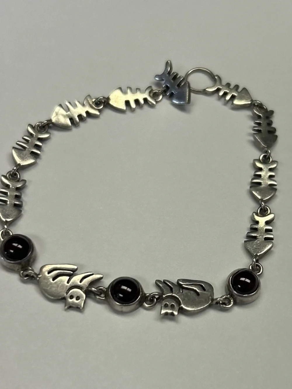 Vintage Fish bones cat garnet gemstone link bracelet sterling silver 925 - Picture 6 of 16